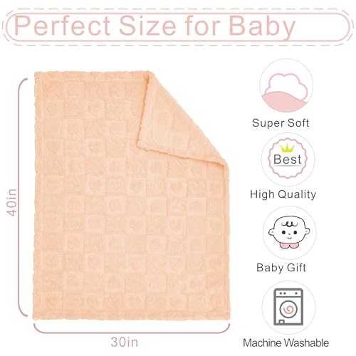 Yurhap Fleece Baby Blanket Heart Checkered, Ultra Soft Cozy Baby Blankets for Girls Boys, Fluffy Infant Toddler Newborn Receiving Gifts for Crib Stroller 30"x40" (Apricot Pink) - Image 4