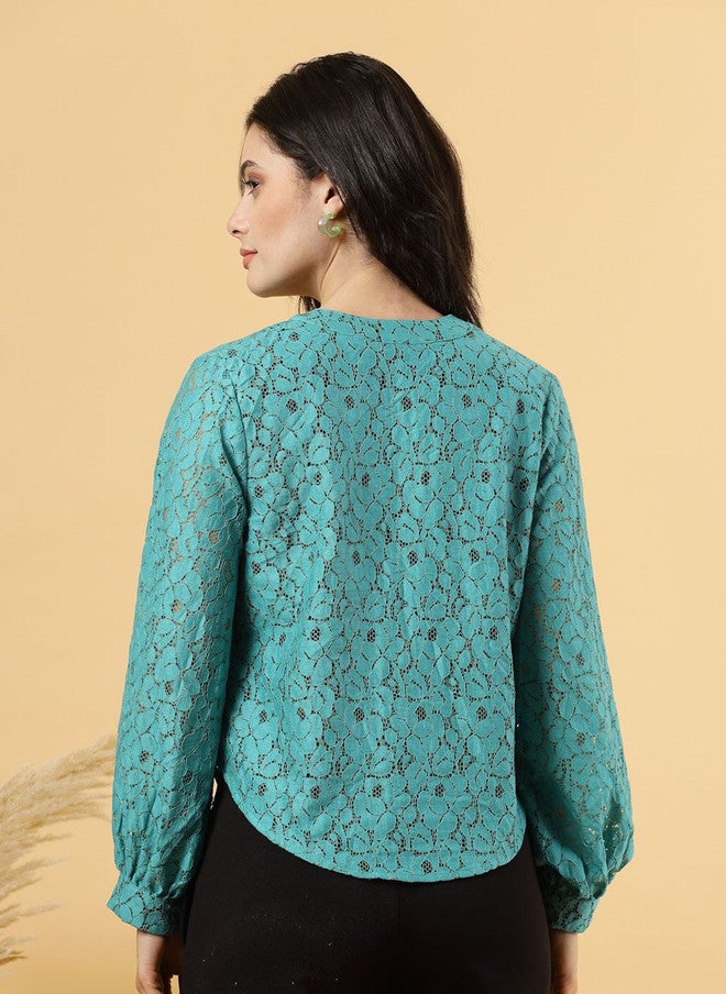 RAASSIO Cotton Net Top for Women in Turquoise - Image 4