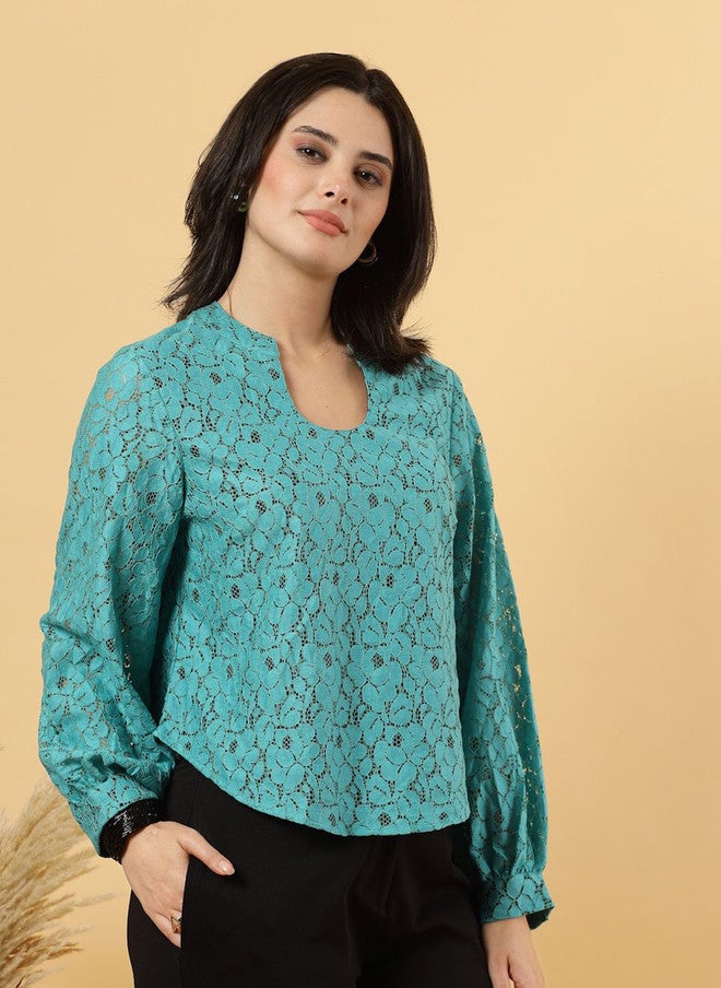 RAASSIO Cotton Net Top for Women in Turquoise - Image 3
