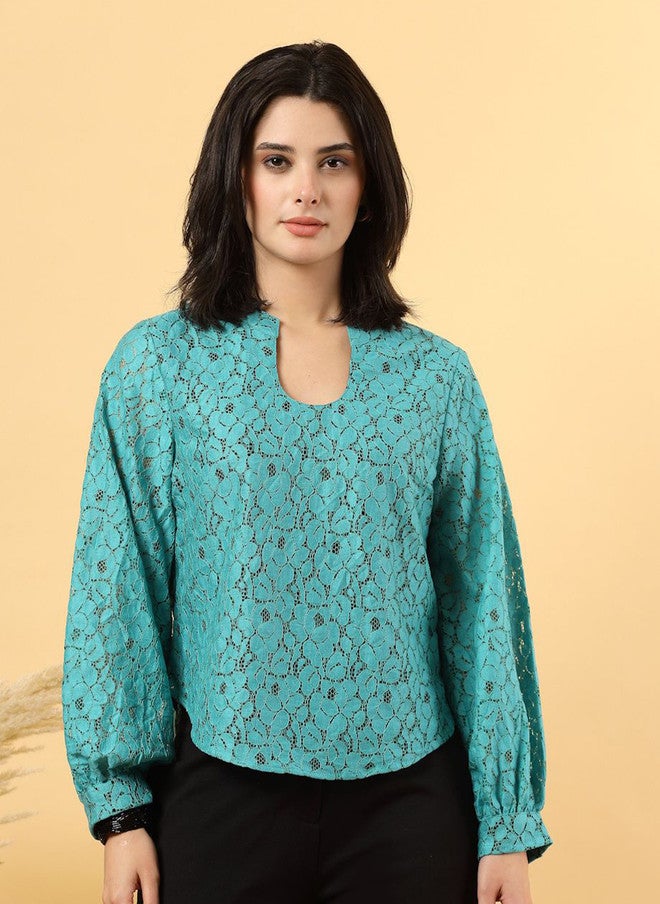 RAASSIO Cotton Net Top for Women in Turquoise - Image 1