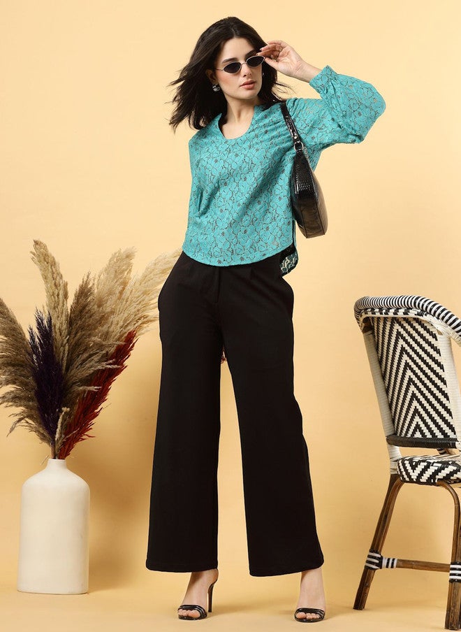 RAASSIO Cotton Net Top for Women in Turquoise - Image 5