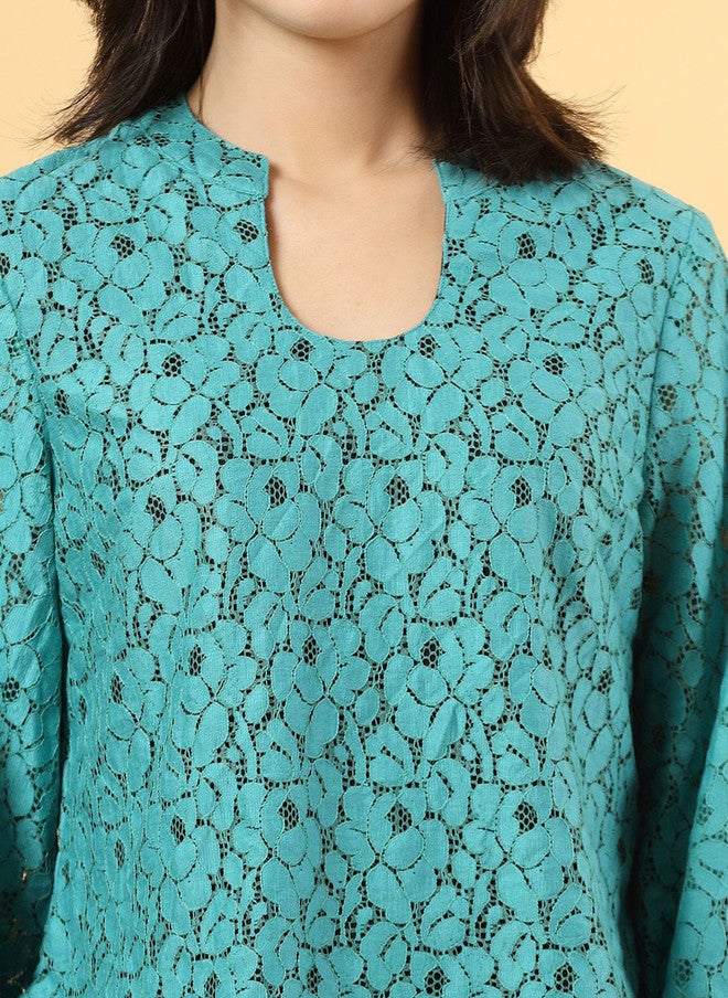 RAASSIO Cotton Net Top for Women in Turquoise - Image 2