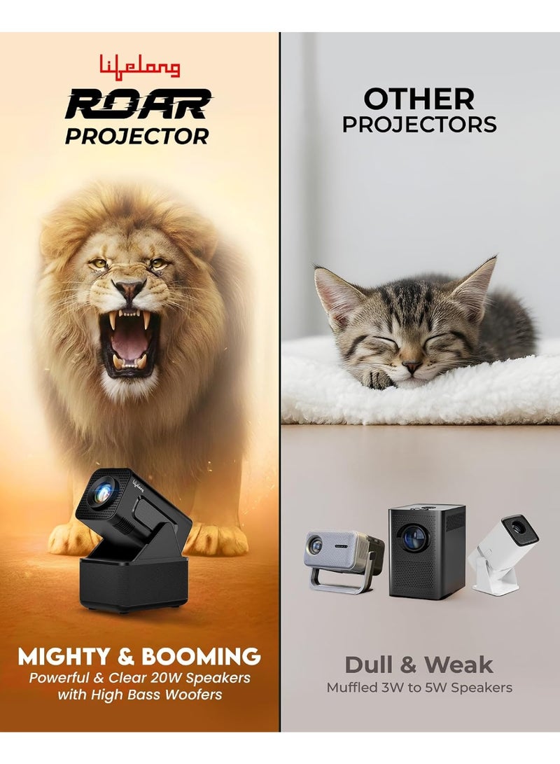Lifelong Electronics ROAR Projector with 2 Mics | Booming 20W Speakers | Cricket Commentary, Karaoke Party & Room Cinema | 1080P & 4K Ultra HD Support | All Android OTT Apps | Ultra Bright 150” Screen - Image 3