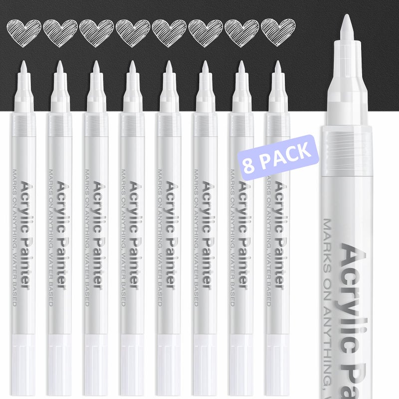AKARUED White Paint Pen Acrylic Marker 8 Pack 07mm White Paint Marker for Black Paper Metal Wood Plastic Ceramic Metallic Rock Painting Drawing Extra Fine Point Ideal for Artist Students
