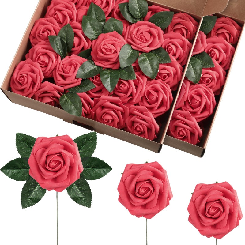 Luinabio 100 Pieces Artificial Foam Rose Flowers Faux Bouquet with Leaves and Stems for DIY Wedding Bouquets Centerpieces Bridal Shower Party Valentine Home DecorationsRed