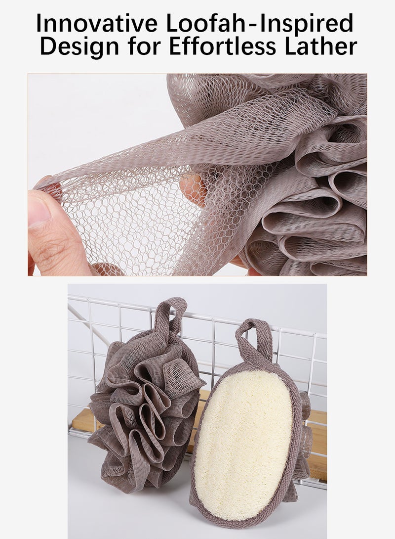 ليفة استحمام، ليف استحمام مزدوج الوجهين مع شبكة، تقشير لطيف، تنظيف عميق، مناسبة للجنسين - رمادي/بيج - Image 4