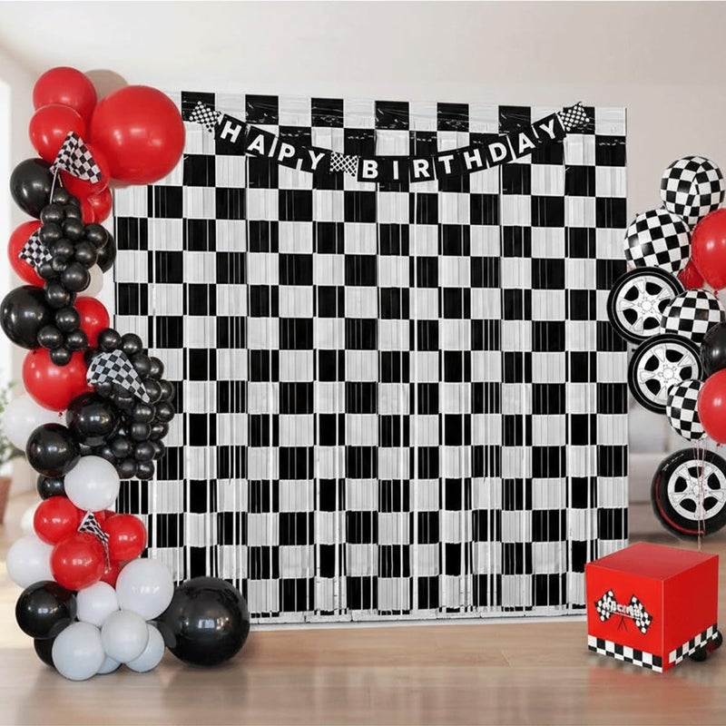 Hipoxa Race Car Birthday Party Streamers Backdrops Decorations, 2 Pcs Checkered Black White Foil Fringe Curtain with Racing Banner Photo Booth Props for Racing Cars One Happy Dude Party Decor Supplies - Image 4