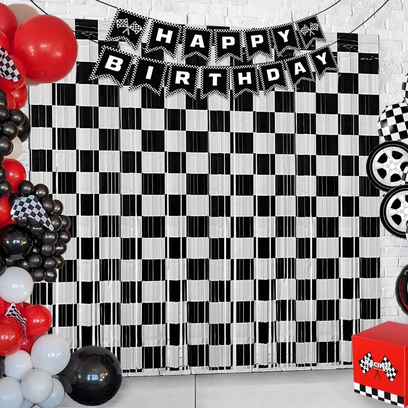 Hipoxa Race Car Birthday Party Streamers Backdrops Decorations, 2 Pcs Checkered Black White Foil Fringe Curtain with Racing Banner Photo Booth Props for Racing Cars One Happy Dude Party Decor Supplies - Image 1