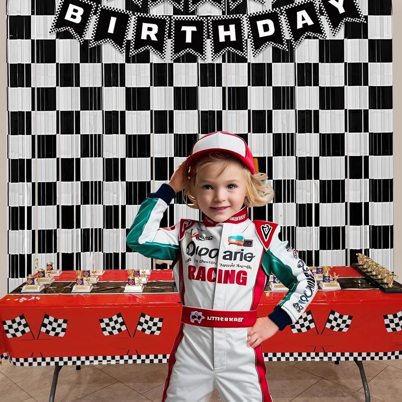 Hipoxa Race Car Birthday Party Streamers Backdrops Decorations, 2 Pcs Checkered Black White Foil Fringe Curtain with Racing Banner Photo Booth Props for Racing Cars One Happy Dude Party Decor Supplies - Image 2