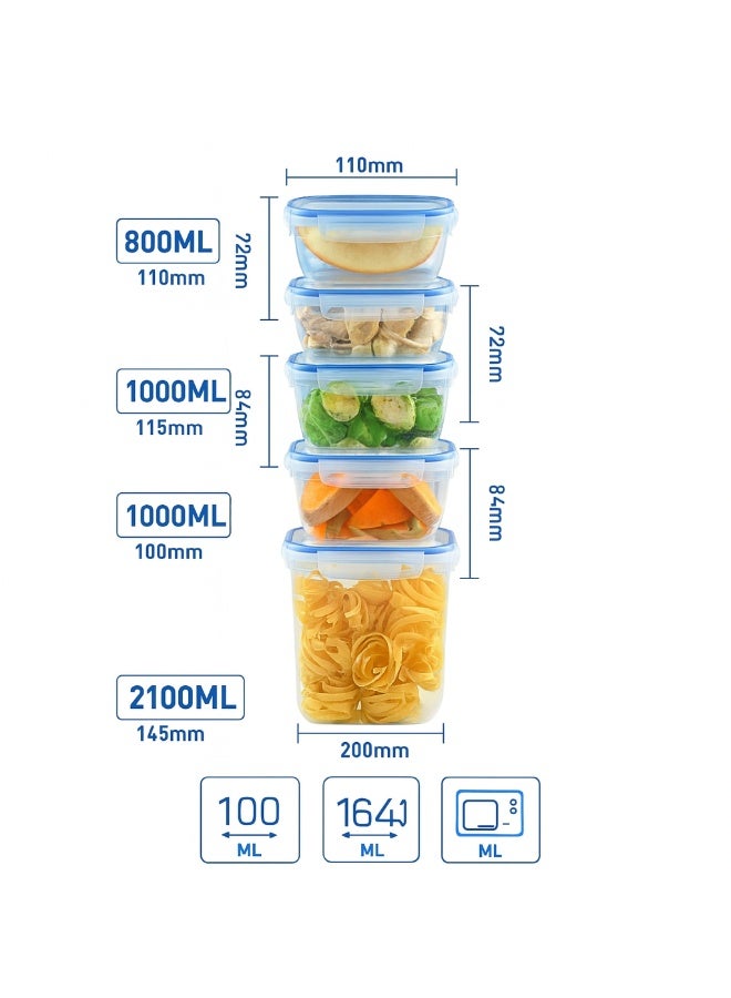 Dunya Plastik 5 Pcs rectangular smart storage set  airtight bpa free food containers for meal prep kitchen storage & freezer use 2×800ml 2×1000ml 1×2100ml clear/blue - Image 3