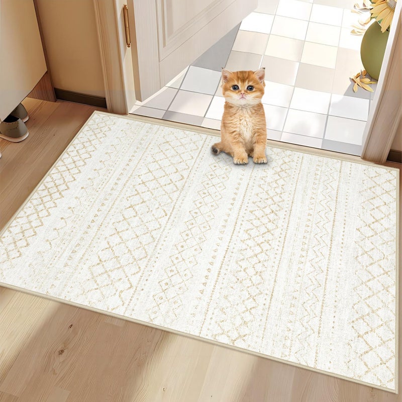 Aoyaomi Runner Rug 2x5 Boho Geometric Area Rugs: Small Washable Kitchen Rug, Soft Non Slip Moroccan Long Hallway Rugs for Bedroom Bathroom Laundry Entryway Staircase Foyer(Beige,2X5) - Image 1