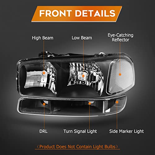 LBRST Headlight Assembly For GMC Sierra 1500 1999-2006 For GMC Sierra 1500 Classic 2007 Black Housing Clear Reflector Clear Lens Driver and Passenger Side Headlamp - Image 3