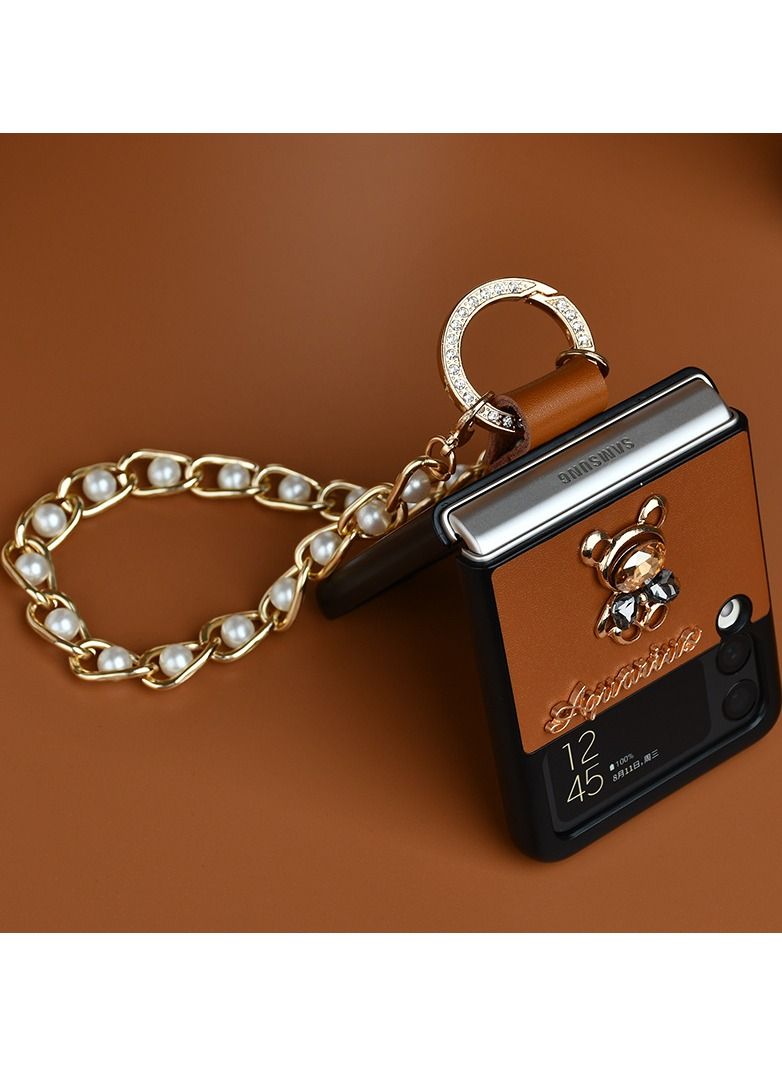 NIBEMINENT Frusde Leather Case Compatible with Samsung Galaxy Z Flip 4 Chain Lanyard for Women Girls Slim Shockproof 3 Brown - Image 4