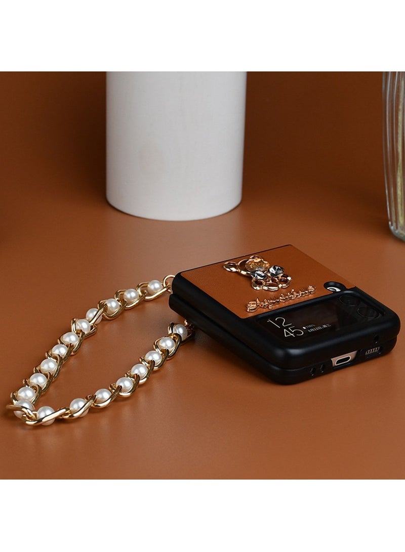 NIBEMINENT Frusde Leather Case Compatible with Samsung Galaxy Z Flip 4 Chain Lanyard for Women Girls Slim Shockproof 3 Brown - Image 2