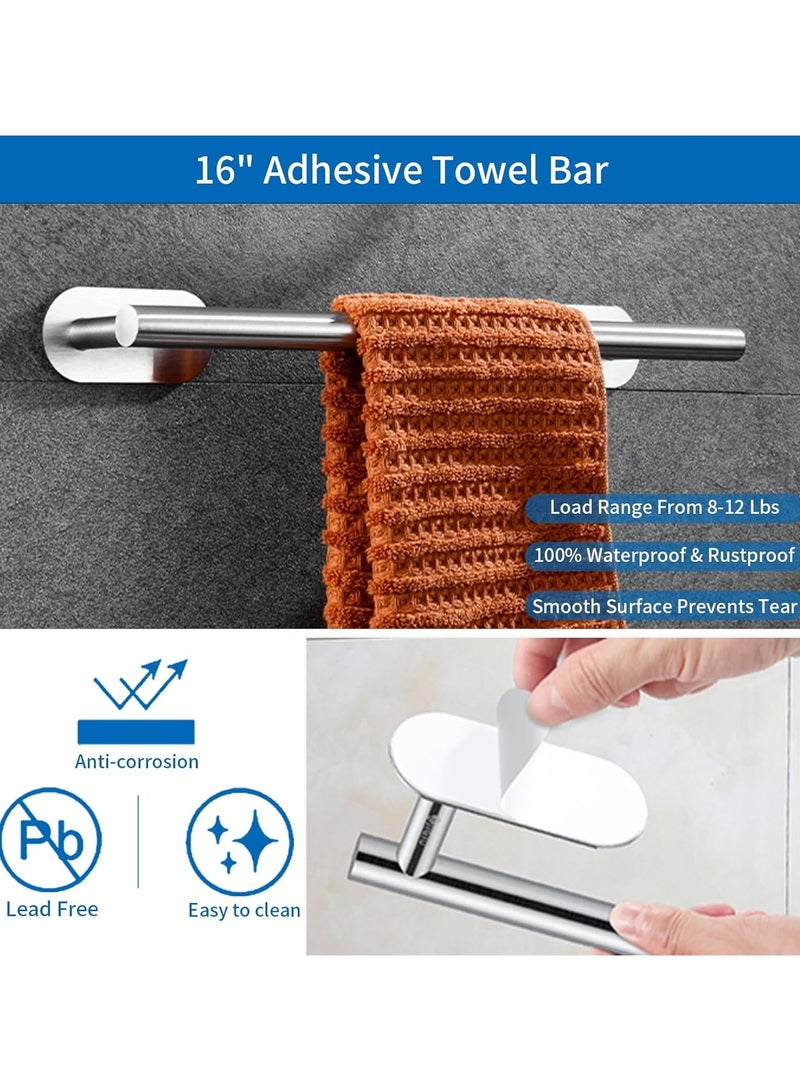 4 Pcs Matte Black Bathroom Hardware Set,Wall Mounted Stainless Steel Towel Bar Set Including 16in Towel Bar, Adhesive Toilet Paper Holder, Towel Ring, Hooks, No Drill  - Image 2