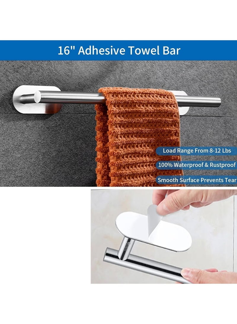 4 Pcs Sliver Bathroom Hardware Set,Wall Mounted Stainless Steel Towel Bar Set Including 16in Towel Bar, Adhesive Toilet Paper Holder, Towel Ring, Hooks, No Drill - Image 2