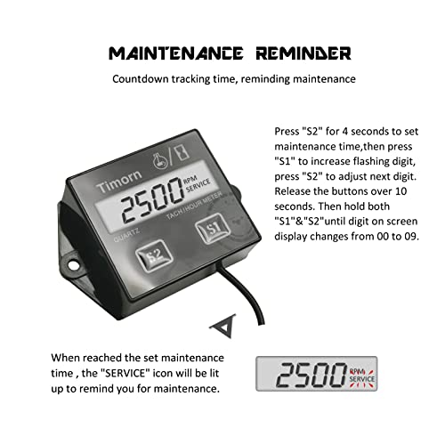 Timorn Small Engine Tachometer Hour Meter: Timorn Digital Inductive RPM Gauge Tiny Tach HR Meter for Dirt Bike | Chainsaw | Lawn Mower | Generator Motorcycle Boat Marine Outboard (2 Pack) - Image 4