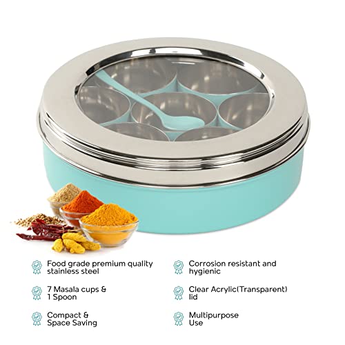 Dudki 7 In 1 Stainless Steel Spice Box For Kitchen Sturdy Masala Dabba Jar For Spices Minimal Design (Aqua), Blue - Image 5