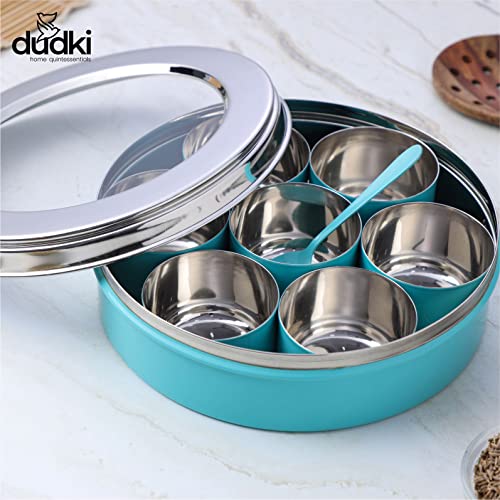 Dudki 7 In 1 Stainless Steel Spice Box For Kitchen Sturdy Masala Dabba Jar For Spices Minimal Design (Aqua), Blue - Image 4