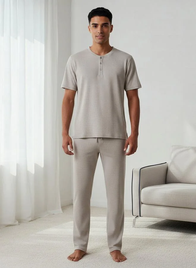 FAV Men Cotton Waffle Textured Henley Neck Nightwear Set