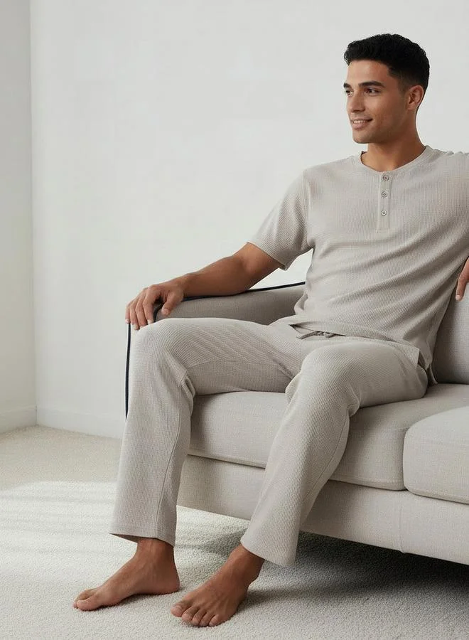 سبلاش فيڤ طقم بيجامة رجالي قطن بياقة هينلي بنقشة وافل