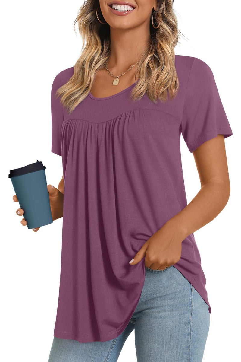 LONGYUAN Ladies Plus Size Tunics Short Sleeve Tops Summer Flowy Shirts Loose Fit Casual Blouse Purple Red X-Large - Image 1