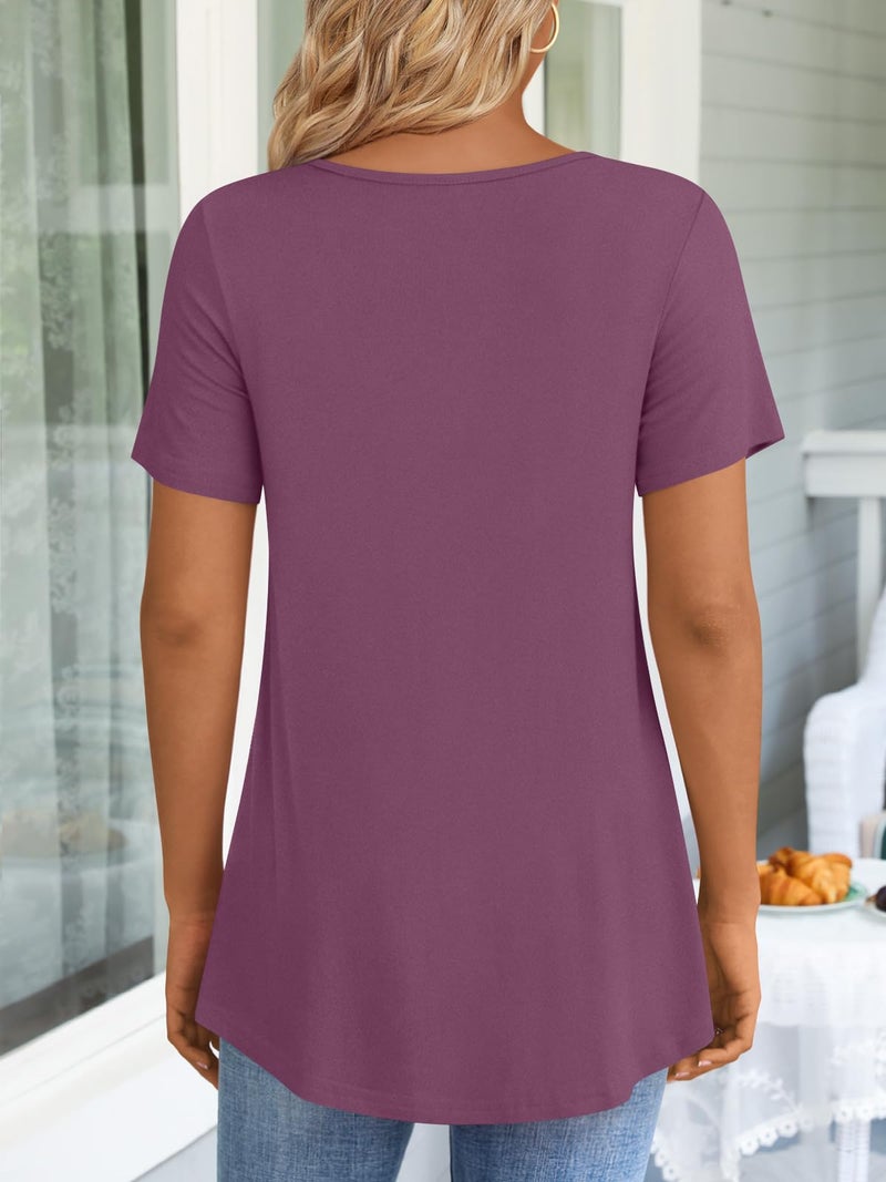 LONGYUAN Ladies Plus Size Tunics Short Sleeve Tops Summer Flowy Shirts Loose Fit Casual Blouse Purple Red X-Large - Image 3