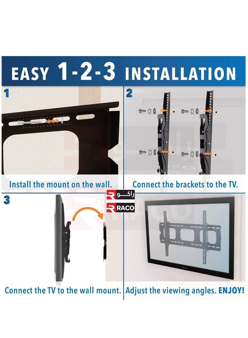 راكو حامل تثبيت على الحائط قابل للإمالة لأجهزة تلفزيون 23-65 بوصة مسطحة ، LCD ، OLED ، 4K يحمل ما يصل إلى 45 كجم دعم قوي مع ملحقات التثبيت - Image 3