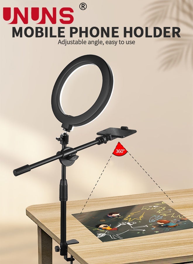 UNUNS Selfie Ring Light With Stand And Phone Holder,Overhead Camera Mount With 16cm Ring Lights For Phone,Circle Light With Desk Tripod Adjustable Shooting Arm For Video Recording,Live Streaming,Laptop - Image 2