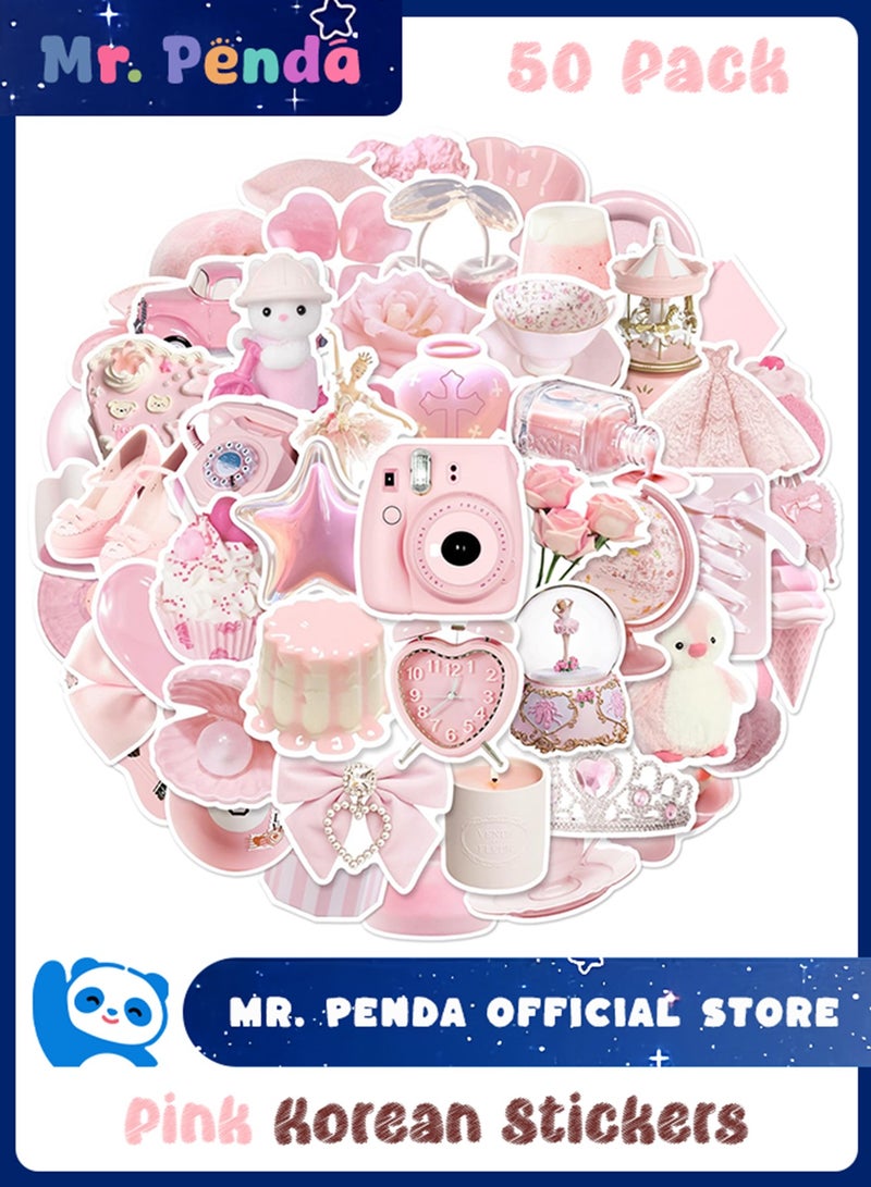 Mr. Penda 50Pcs Waterproof Korean Stickers for Books, Ledger, Water Cup, Ipad Phone Case Decoration, Aesthetic Minimalist Laptop Stickers (Pink)  - Image 1