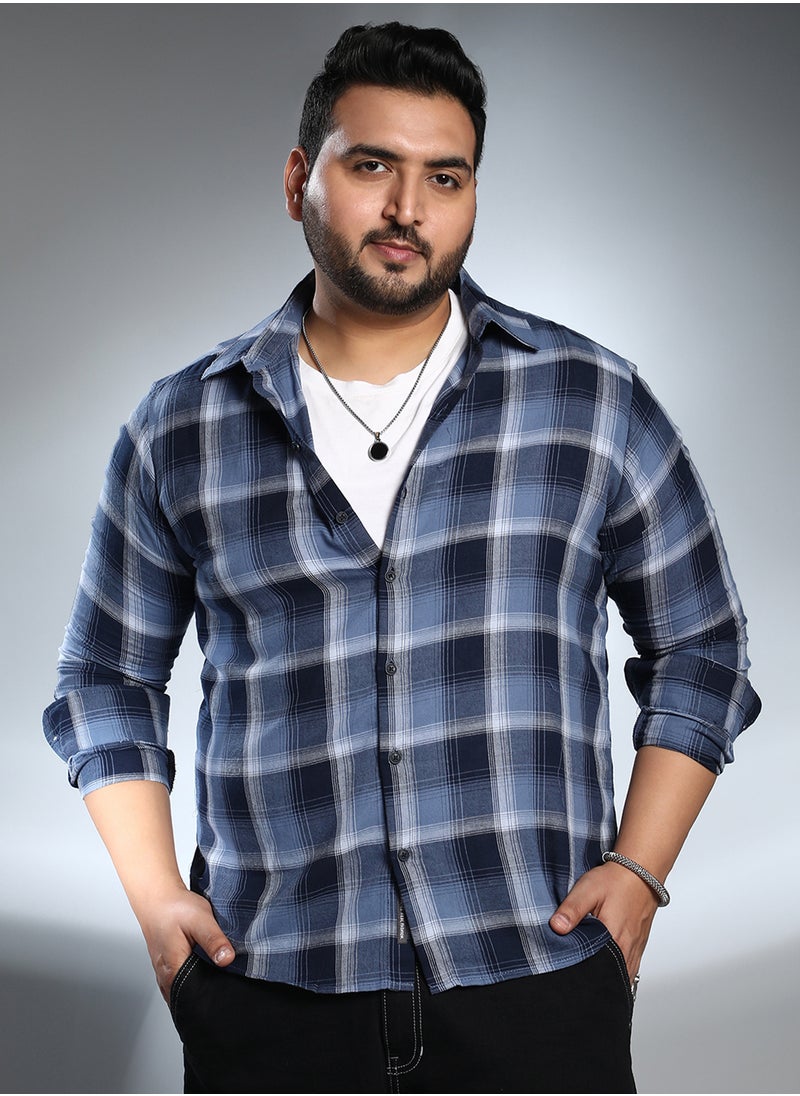 Instafab Plus Instafab Plus Men's Navy Blue & Off-White Multi-Checkered Shirt For Casual Wear | Spread Collar | Long Cuffed Sleeves | Button Closure | Plus Size Shirt Crafted With Comfort Fit For Everyday Wear  - Image 2
