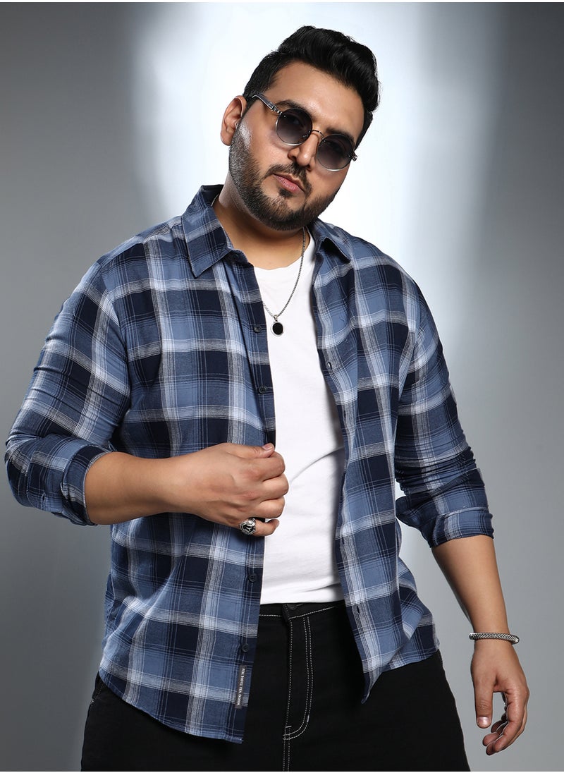 Instafab Plus Instafab Plus Men's Navy Blue & Off-White Multi-Checkered Shirt For Casual Wear | Spread Collar | Long Cuffed Sleeves | Button Closure | Plus Size Shirt Crafted With Comfort Fit For Everyday Wear  - Image 1
