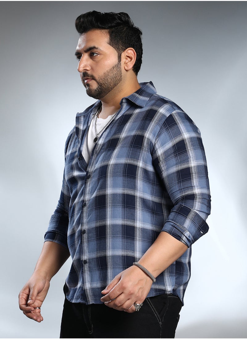 Instafab Plus Instafab Plus Men's Navy Blue & Off-White Multi-Checkered Shirt For Casual Wear | Spread Collar | Long Cuffed Sleeves | Button Closure | Plus Size Shirt Crafted With Comfort Fit For Everyday Wear  - Image 3