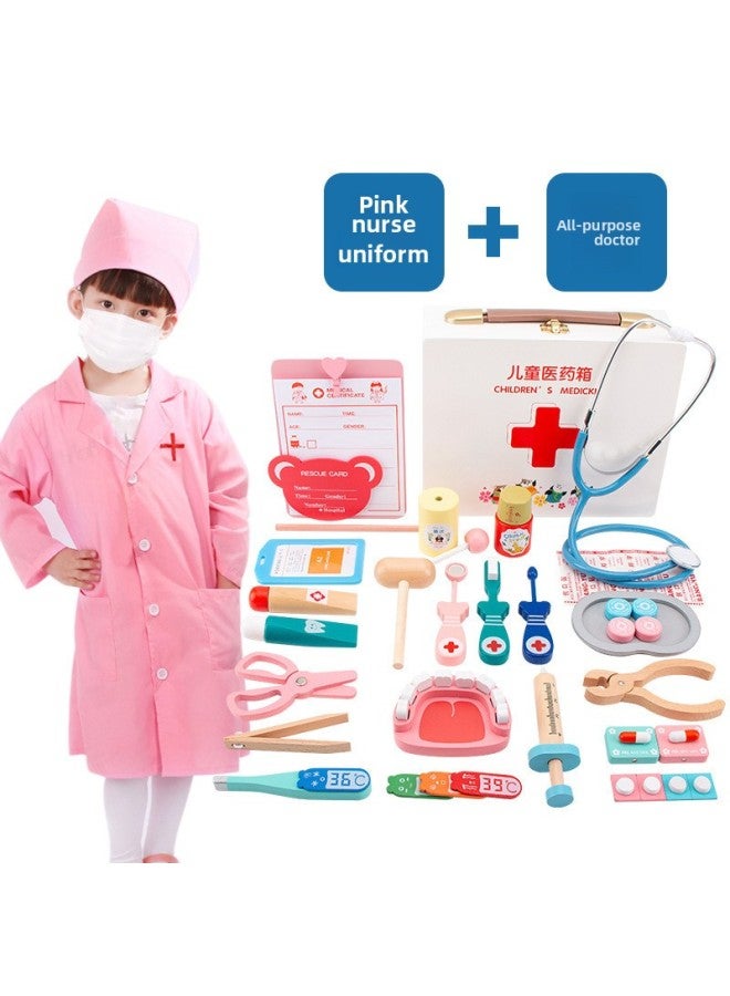 Children's Doctor Toy Set Small Nurse Injection Tool Wooden Simulation Medicine Box Boys And Girls Baby Play House-Color:Pink Nurse Suit + All-round Doctor - Image 1