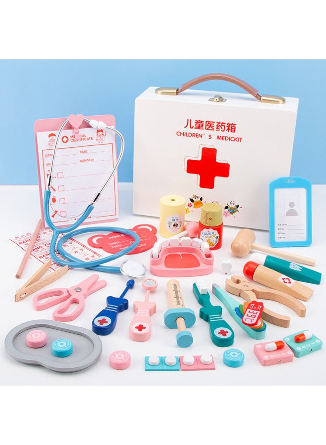 Children's Doctor Toy Set Small Nurse Injection Tool Wooden Simulation Medicine Box Boys And Girls Baby Play House-Color:Pink Nurse Suit + All-round Doctor - Image 2