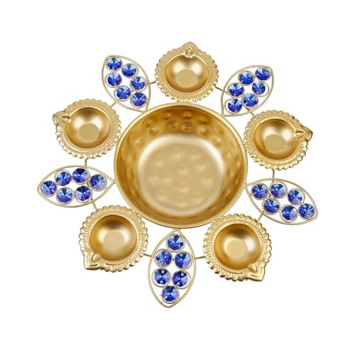 Klassic 11 Inch Golden Urli Bowl with Leaf and Diya Design | Handcrafted Metal Urli with Blue Stones for Diwali, Temple, Floating Flowers & Home Festive Decor (Pack of 1) - Image 3
