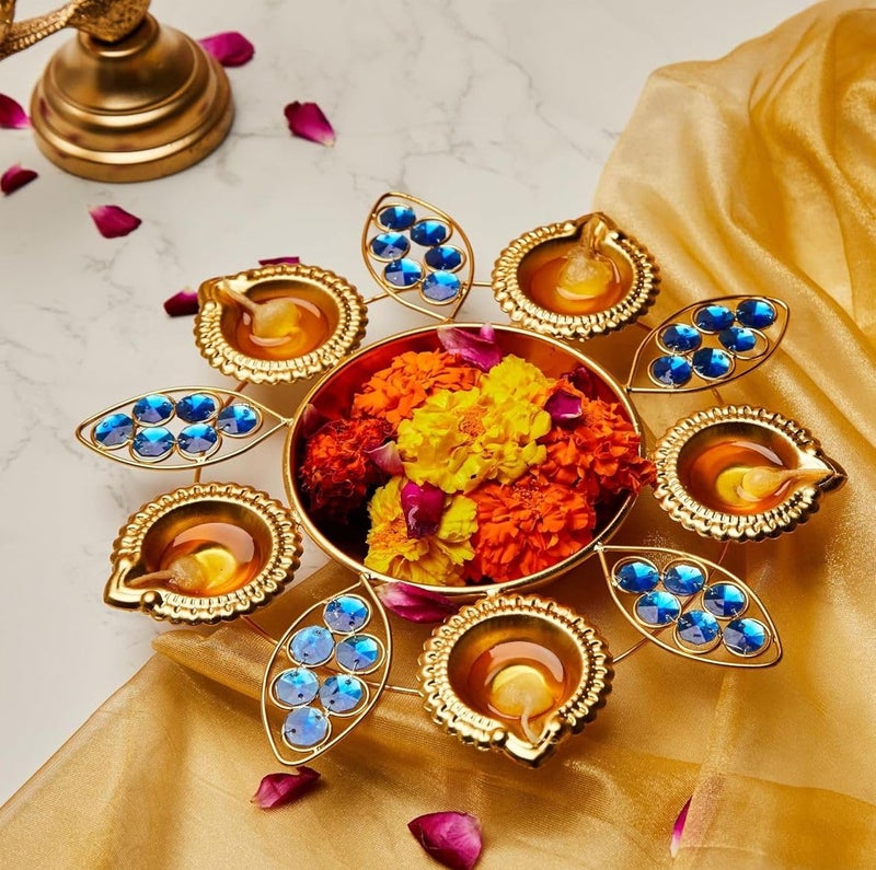 Klassic 11 Inch Golden Urli Bowl with Leaf and Diya Design | Handcrafted Metal Urli with Blue Stones for Diwali, Temple, Floating Flowers & Home Festive Decor (Pack of 1) - Image 5