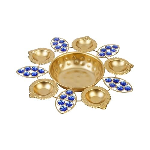 Klassic 11 Inch Golden Urli Bowl with Leaf and Diya Design | Handcrafted Metal Urli with Blue Stones for Diwali, Temple, Floating Flowers & Home Festive Decor (Pack of 1) - Image 2