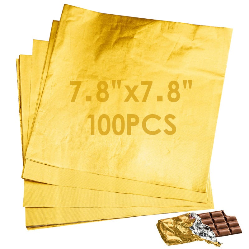 Dootafy 7.8 Inches Foil Wrapper 100Pcs Large Chocolate Candy Bar Wrappers Square Gold Wrapping Papers For Protein Energy Bar Break-Apart Chocolate For Mother'S Day Wedding Baby Shower Birthday - Image 1