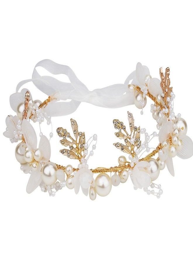 AOPRIE Pearl Flower Headband for Women Girls Wedding Wreath Floral Garland Halloween Party Event Supllies Favors Gold White, 1 Pack - Image 1