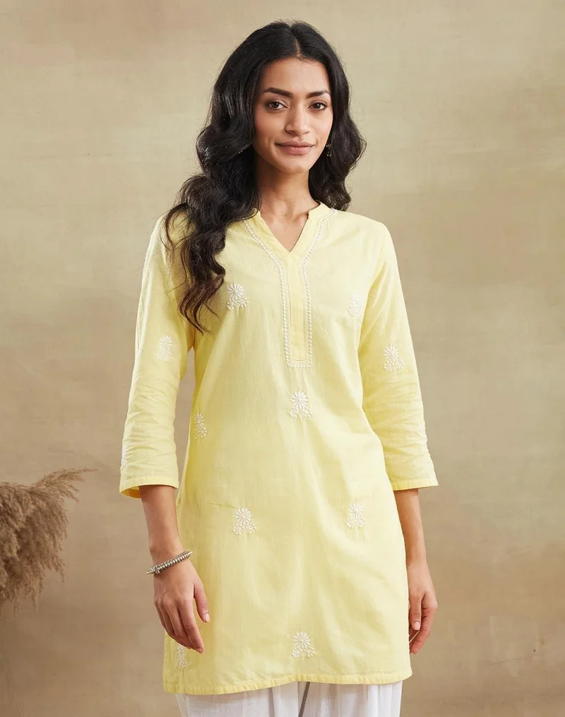 فاب انديا Yellow Cotton Chikankari Short Kurta
