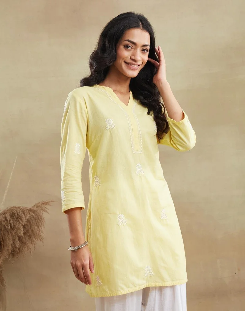 Fabindia  Yellow Cotton Chikankari Short Kurta for Women | Best Price UAE
