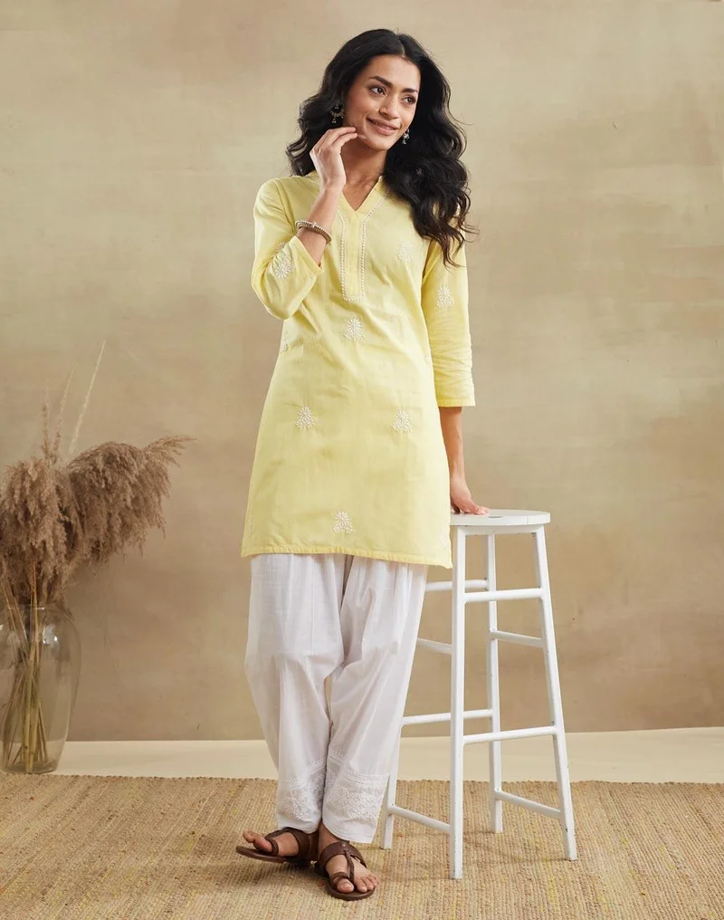Fabindia  Yellow Cotton Chikankari Short Kurta for Women | Best Price UAE