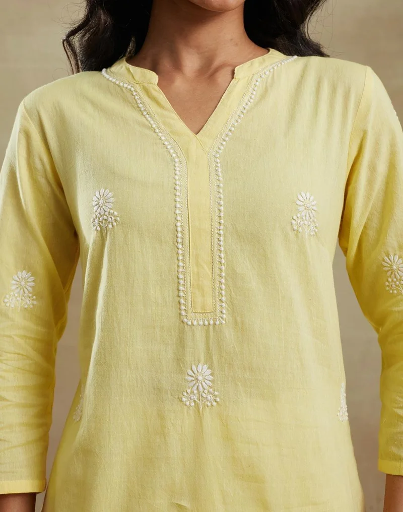 Fabindia  Yellow Cotton Chikankari Short Kurta for Women | Best Price UAE