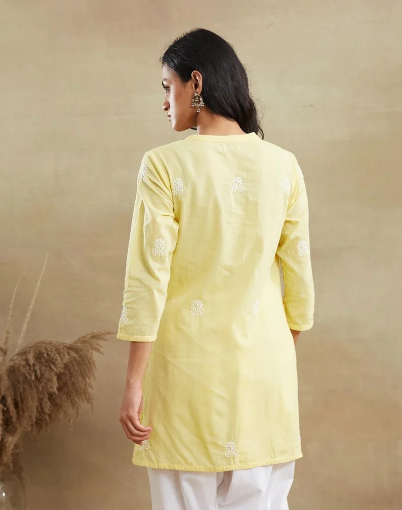 Fabindia  Yellow Cotton Chikankari Short Kurta for Women | Best Price UAE