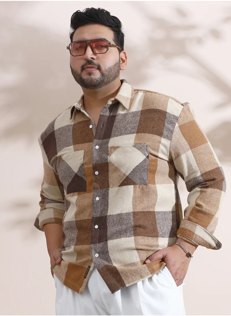 Instafab Plus Instafab Plus Men's Brown & Beige Buffalo-Check Utility Shacket For Casual Wear | Spread Collar | Long Sleeve | Button Closure | Plus Size Overshirt/Shacket Crafted With Comfort Fit For Everyday Wear