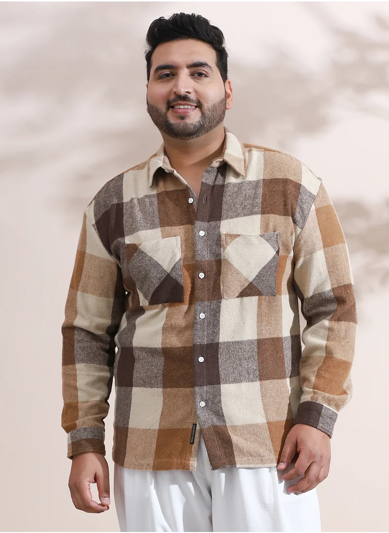 Instafab Plus Instafab Plus Men's Brown & Beige Buffalo-Check Utility Shacket For Casual Wear | Spread Collar | Long Sleeve | Button Closure | Plus Size Overshirt/Shacket Crafted With Comfort Fit For Everyday Wear