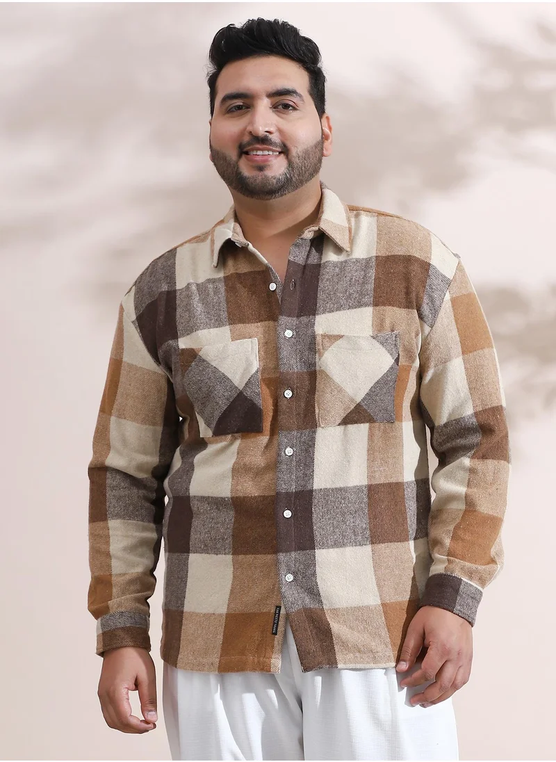 انستافاب بلس Instafab Plus Men's Brown & Beige Buffalo-Check Utility Shacket For Casual Wear | Spread Collar | Long Sleeve | Button Closure | Plus Size Overshirt/Shacket Crafted With Comfort Fit For Everyday Wear