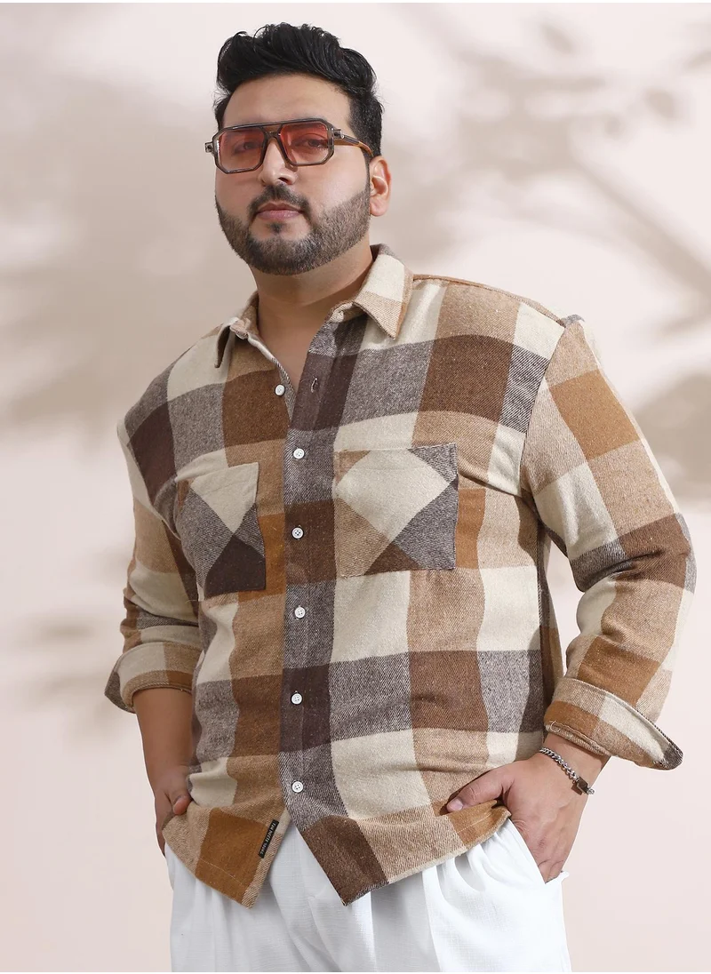 انستافاب بلس Instafab Plus Men's Brown & Beige Buffalo-Check Utility Shacket For Casual Wear | Spread Collar | Long Sleeve | Button Closure | Plus Size Overshirt/Shacket Crafted With Comfort Fit For Everyday Wear