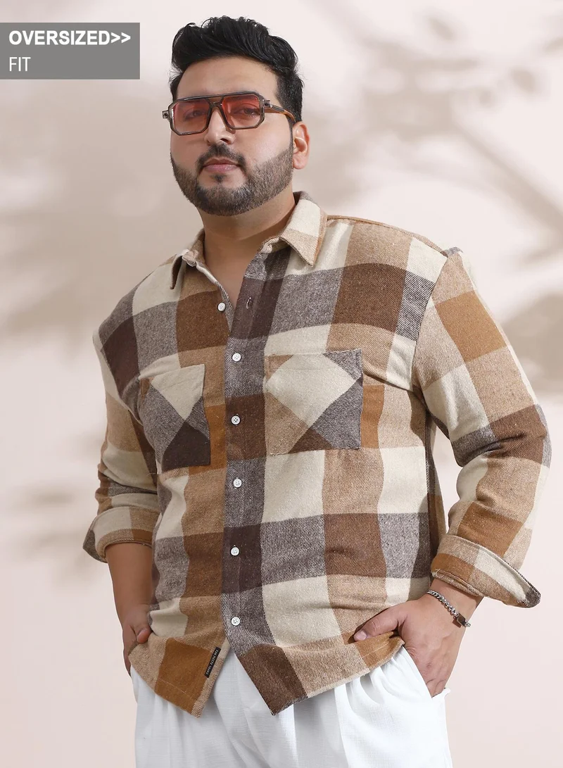 Instafab Plus Instafab Plus Men's Brown & Beige Buffalo-Check Utility Shacket For Casual Wear | Spread Collar | Long Sleeve | Button Closure | Plus Size Overshirt/Shacket Crafted With Comfort Fit For Everyday Wear